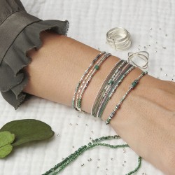 Bracelet fin élastiqué PIGNA argent - Miyukis vertes & Hématites TAILLE L