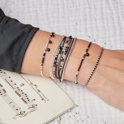 Bracelet fin élastiqué Trois Pierres argent - Perles Noires & Hématites TAILLE M
