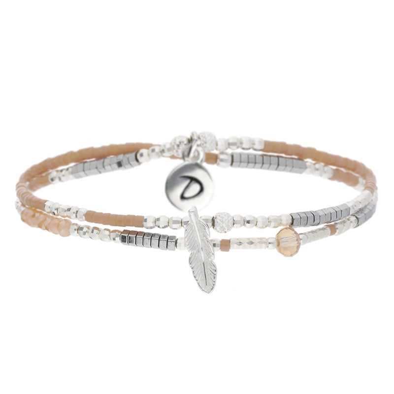 Bracelet multi tours élastiqué SPRING PLUME argent - Perles beige & Hématites - DORIANE Bijoux Bracelet multi tours élastiqué SPRING PLUME argent - Perles beige & Hématites - DORIANE Bijoux