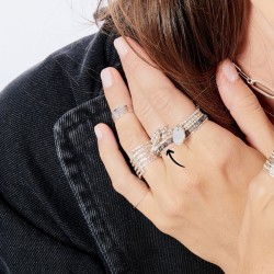 Bague fine élastique MATALA - Hématites & Perles grises irisées TAILLE M
