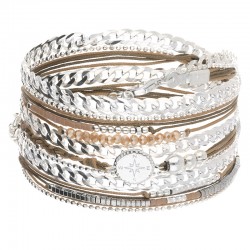 Bracelet manchette ROCK argent - Perles beige choco & Rose des Vents - DORIANE Bijoux