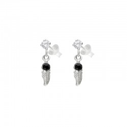 Boucles d'oreilles Pendantes Argent - Plume & Petite perle noire - DORIANE Bijoux