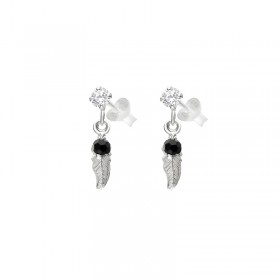 Boucles d'oreilles Pendantes Argent - Plume & Petite perle noire - DORIANE Bijoux
