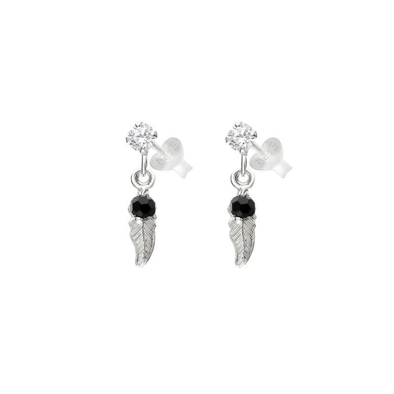 Boucles d'oreilles Pendantes Argent - Plume & Petite perle noire - DORIANE Bijoux