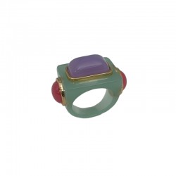 Bague large JADE Résine verte - Cabochon rectangle violet doré - Lucas Jack