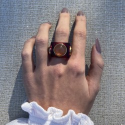 Bague large WINERY Résine rouge cerise - Cabochons ronds taupe dorés TAILLE 51