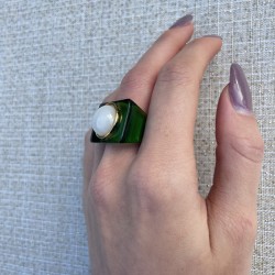 Bague large GREEN BEE résine verte - Cabochon rond opale TAILLE 54