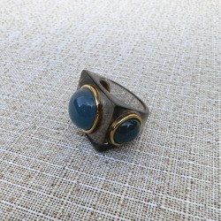 Bague large DEEP BLUE Résine grise - Cabochons ronds bleu canard doré TAILLE 51