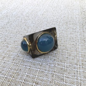 Bague large DEEP Résine gris - Cabochons ronds bleu canard dorés - Lucas jack