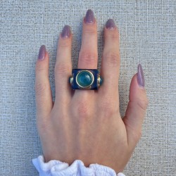 Bague large DEEP BLUE Résine grise - Cabochons ronds bleu canard doré TAILLE 51