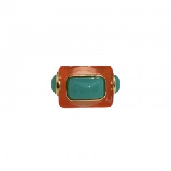 Bague large DIZZY MENTHOL Résine orange - Cabochons turquoise dorés TAILLE 51