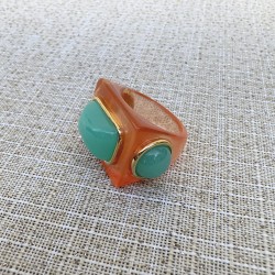 Bague large DIZZY MENTHOL Résine orange - Cabochons turquoise dorés TAILLE 51