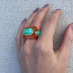 Bague large DIZZY MENTHOL Résine orange - Cabochons turquoise dorés TAILLE 51