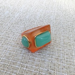 Bague large DIZZY MENTHOL Résine orange - Cabochons turquoise dorés TAILLE 51