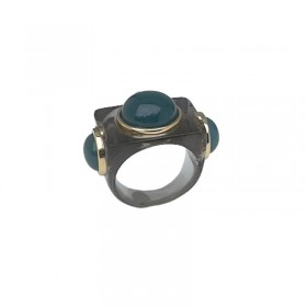 Bague large DEEP BLUE Résine grise - Cabochons ronds bleu canard doré LUCAS JACK LONDON