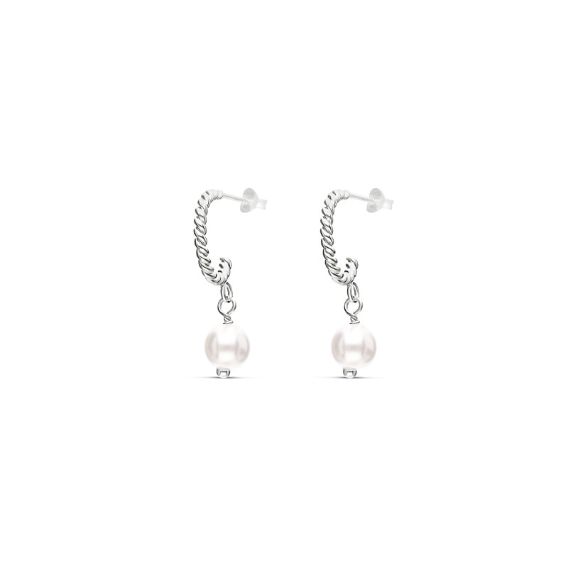 Boucles d'oreilles Mini Créoles Argent - Anneau torsadé & Perle blanche DORIANE BIJOUX