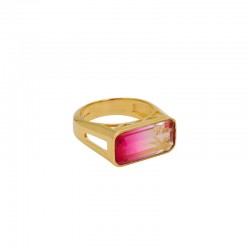 Bague fine RAINBOW Or - Chevalière & Cabochon rectangle fuchsia - Une à Une