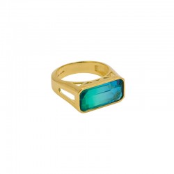 Bague fine RAINBOW Or - Chevalière & Cabochon rectangle bleu vert - Une à Une