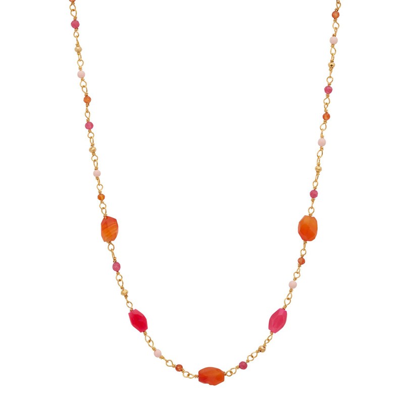 Collier fin MUMBAÏ Or - Chaîne cristaux & Pierres en cabochon multi orange - Une à Une