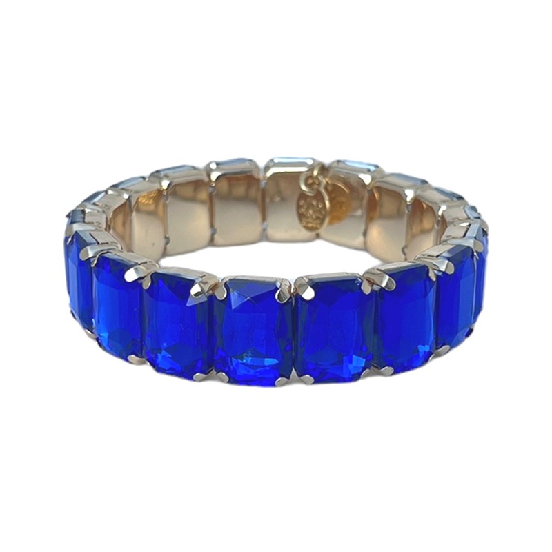 Bracelet manchette élastiqué métal - Rectangles & Cristaux en cabochons bleu roi - JORGINA