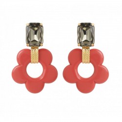 Boucles d'oreilles pendantes FLOREM doré - Cristal gris & Fleur résine rouge corail - julieSion