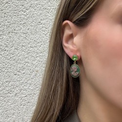 Boucles d'oreilles pendantes CAMEE MINI STRASS - Taupe & vert
