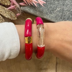 Bracelet jonc élastiqué GUARANA 3 - Rose rouge framboise & beige