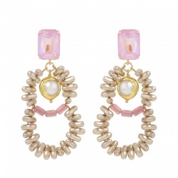 Boucles d'oreilles pendantes SUNSET  BIG - Cristaux rectangles rose & Perles nacrées - Juilie Sion