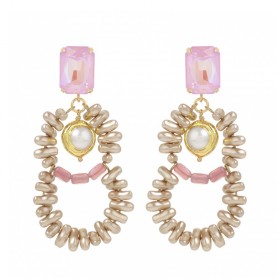 Boucles d'oreilles pendantes SUNSET  BIG - Cristaux rectangles rose & Perles nacrées - Juilie Sion