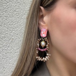 Boucles d'oreilles pendantes SUNSET  BIG - Rectangles rose & Perles