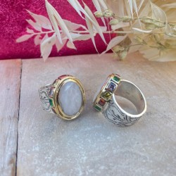 Bague large Anneau antique, cristaux multicolores & Pierre de Lune ovale TAILLE 52
