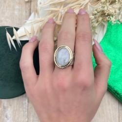 Bague large Anneau antique, cristaux multicolores & Pierre de Lune ovale TAILLE 52