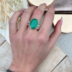 Bague large Anneau tressé, perles blanches & Chrysoprase verte ovale TAILLE 58