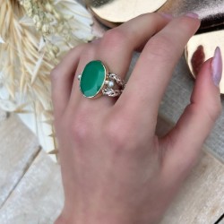 Bague large Anneau tressé, perles blanches & Chrysoprase verte ovale TAILLE 58