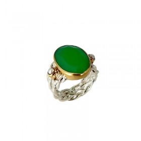 Bague large Anneau tressé, perles blanches & Onyx vert ovale - CANYON