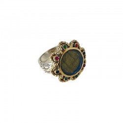 Bague Anneau antique Fleur DOLCE - Cristaux multicolores & Labradorite TAILLE 58