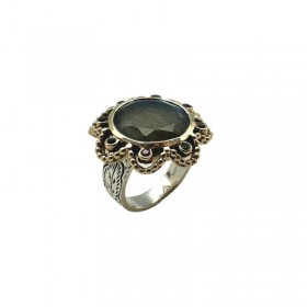 Bague large Anneau antique, cristaux corolles & Labradorite ronde - CANYON