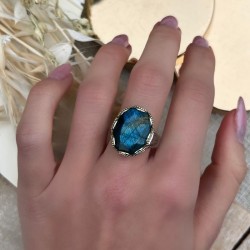 Bague large Anneau antique argent doré & Labradorite en cabochon ovale TAILLE 52