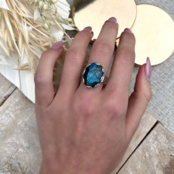 Bague large Anneau antique argent doré & Labradorite en cabochon ovale TAILLE 60