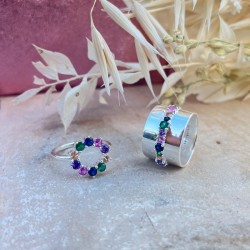 Bague fine en argent AMBRE & Corolle de cristaux multicolores TAILLE 50