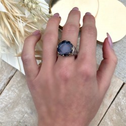 Bague large Anneau antique argent doré & Verre couleur Tanzanite TAILLE 52