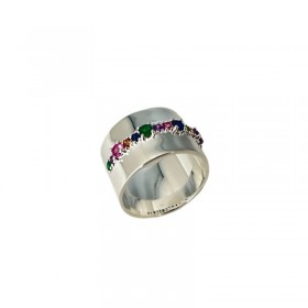 Bague tube en Argent - Anneau plat brillant & Cristaux multicolores carrés - CANYON