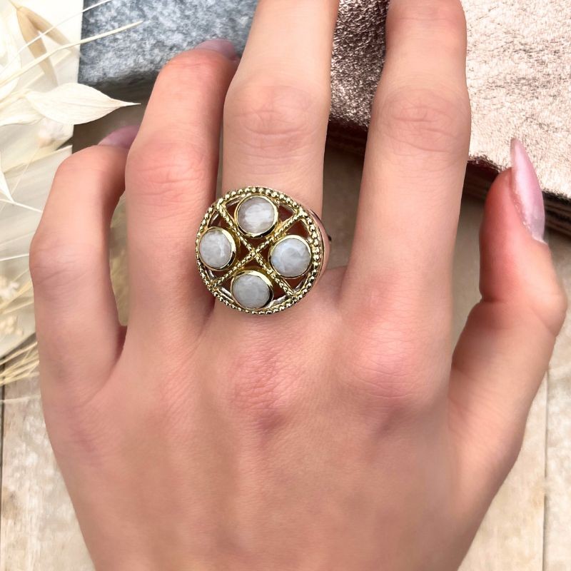 Bague Rosace Plaqué Argent 925 Avec Pierre Citrine Taille 54 - Occasion Comme Neuf