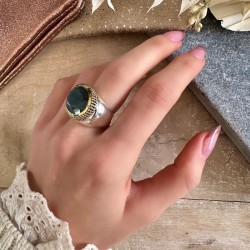 Bague large Anneau argent doré & Labradorite en cabochon ovale TAILLE 52