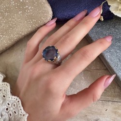 Bague large Anneau antique argent doré & Verre couleur Tanzanite TAILLE 52