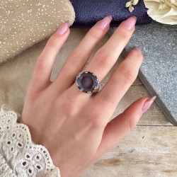 Bague large Anneau antique argent doré & Verre couleur Tanzanite TAILLE 54