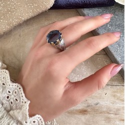 Bague large Anneau antique argent doré & Verre couleur Tanzanite TAILLE 54