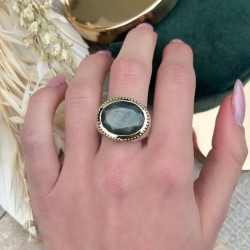 Bague large Anneau argent doré & Labradorite en cabochon ovale TAILLE 52