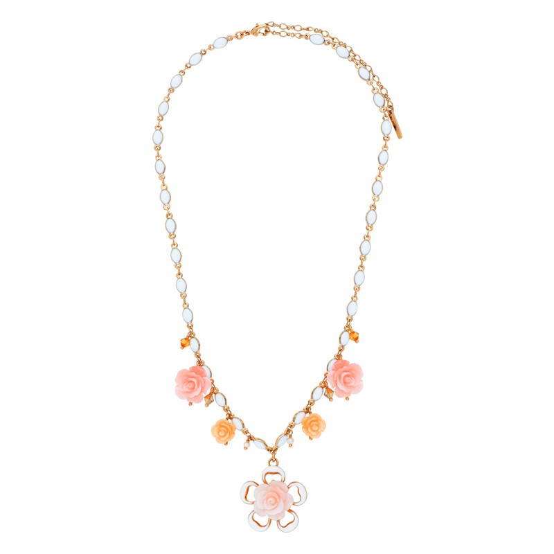 Collier Mi-Long Satellite - Pendentif Fleur Tissu Vert & Marron - Métal Cuivré - Occasion
