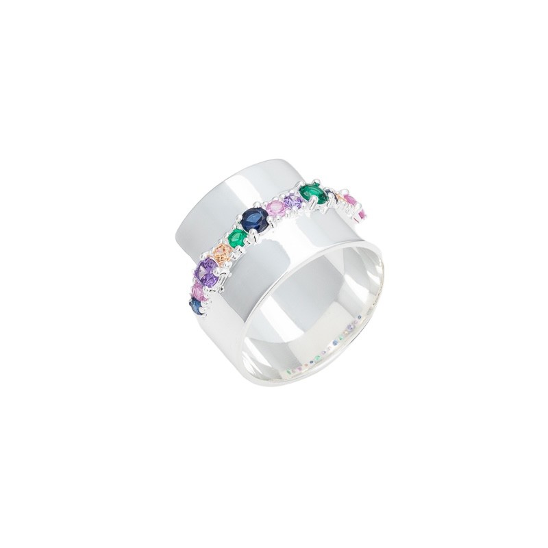 Bague tube en Argent - Anneau plat brillant & Oxydes multicolores carrés CANYON BIJOUX ARGENT